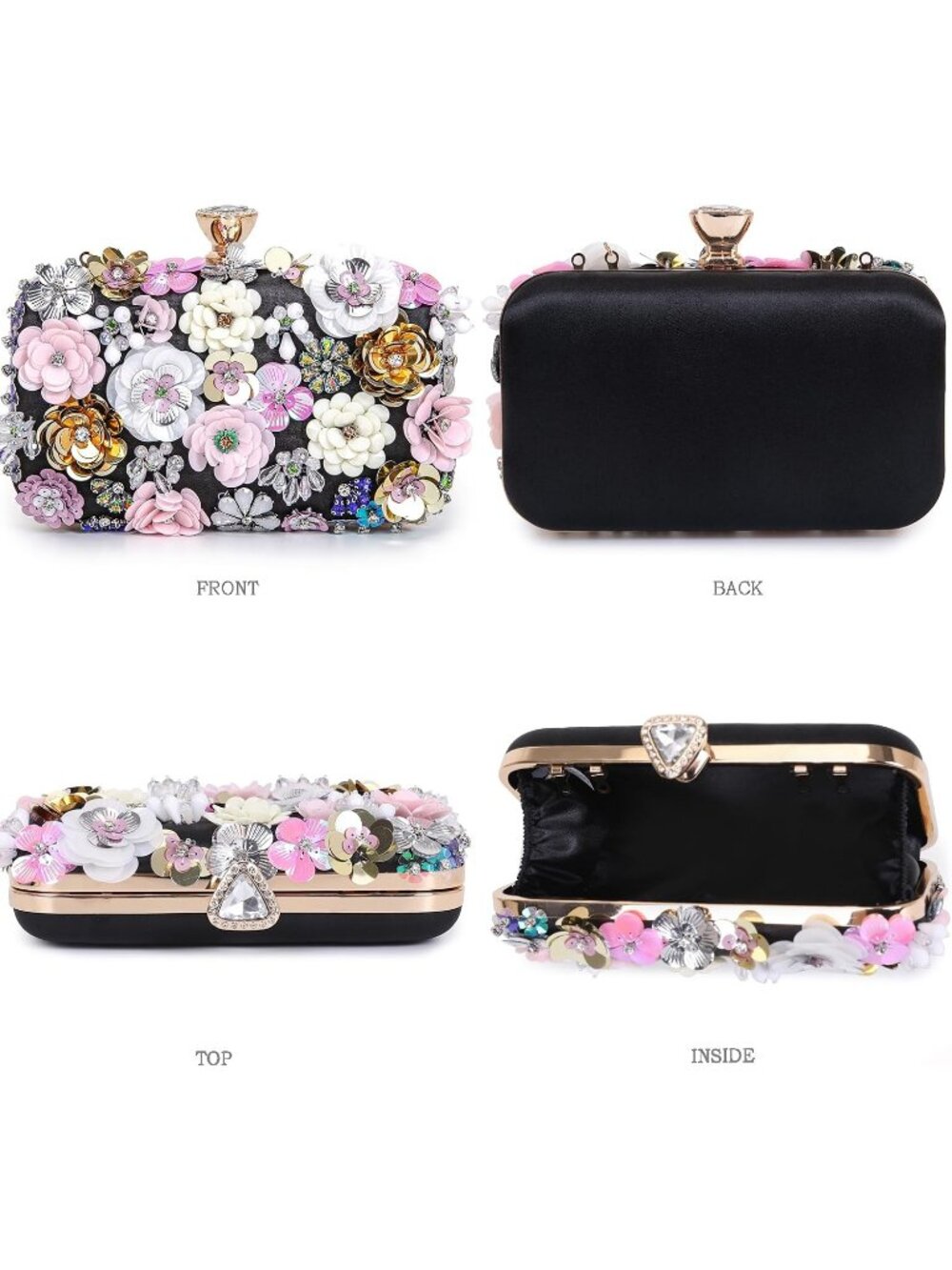 Women's Black Floral Beaded Chain Strap Party Prom Clutch Purse Evening Bag - Picture 3 of 7